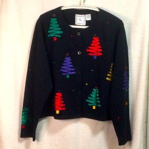 Michael Simon Ribbon Tree Christmas Button Front Cardigan Cropped